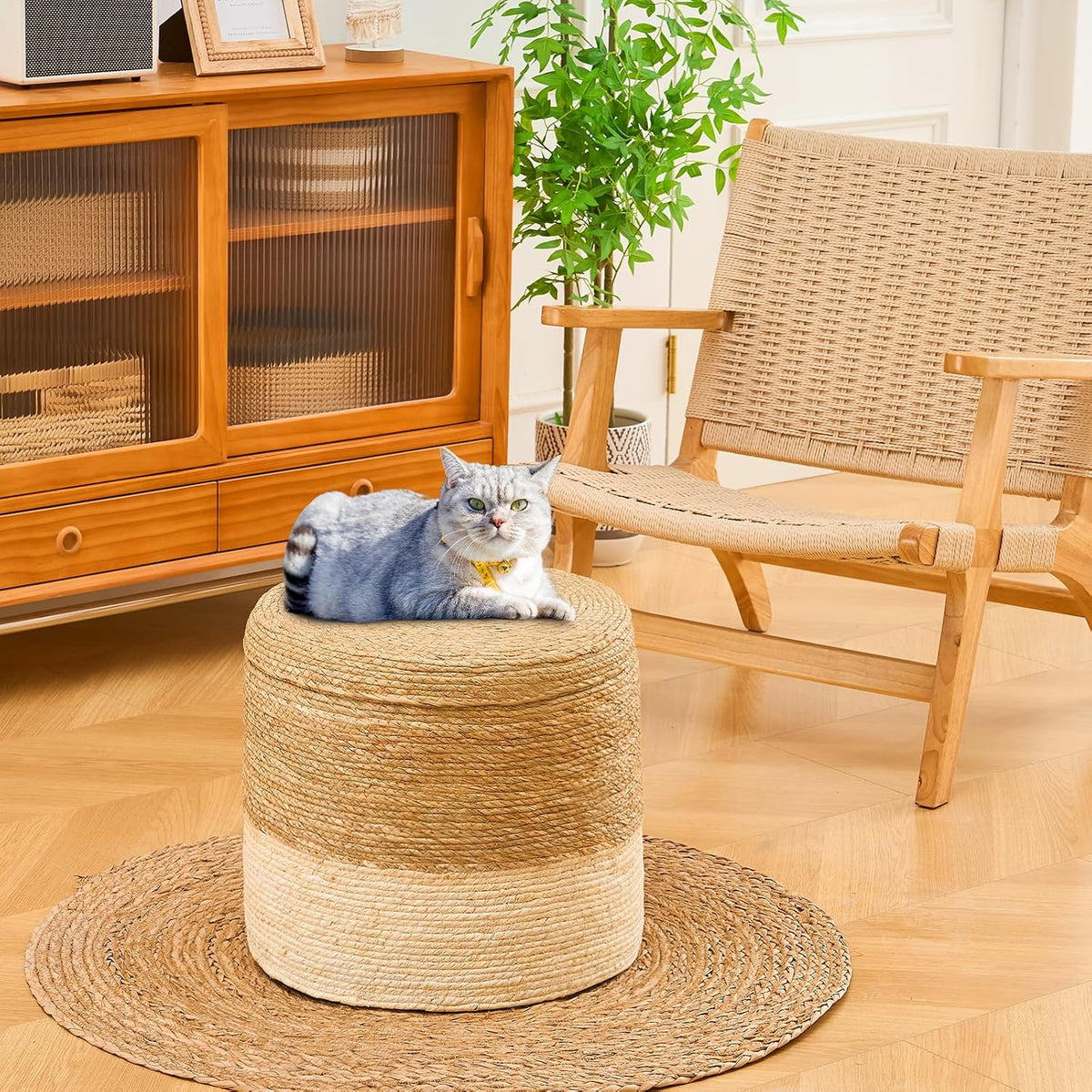 Wimarsbon Storage Pouf Ottoman, Hand Weaving Natural Straw Foot Stool, Bohemian Round Patio Ottomans, Rustic Lounge Pouffe, Outdoor Extra Seat for Garden