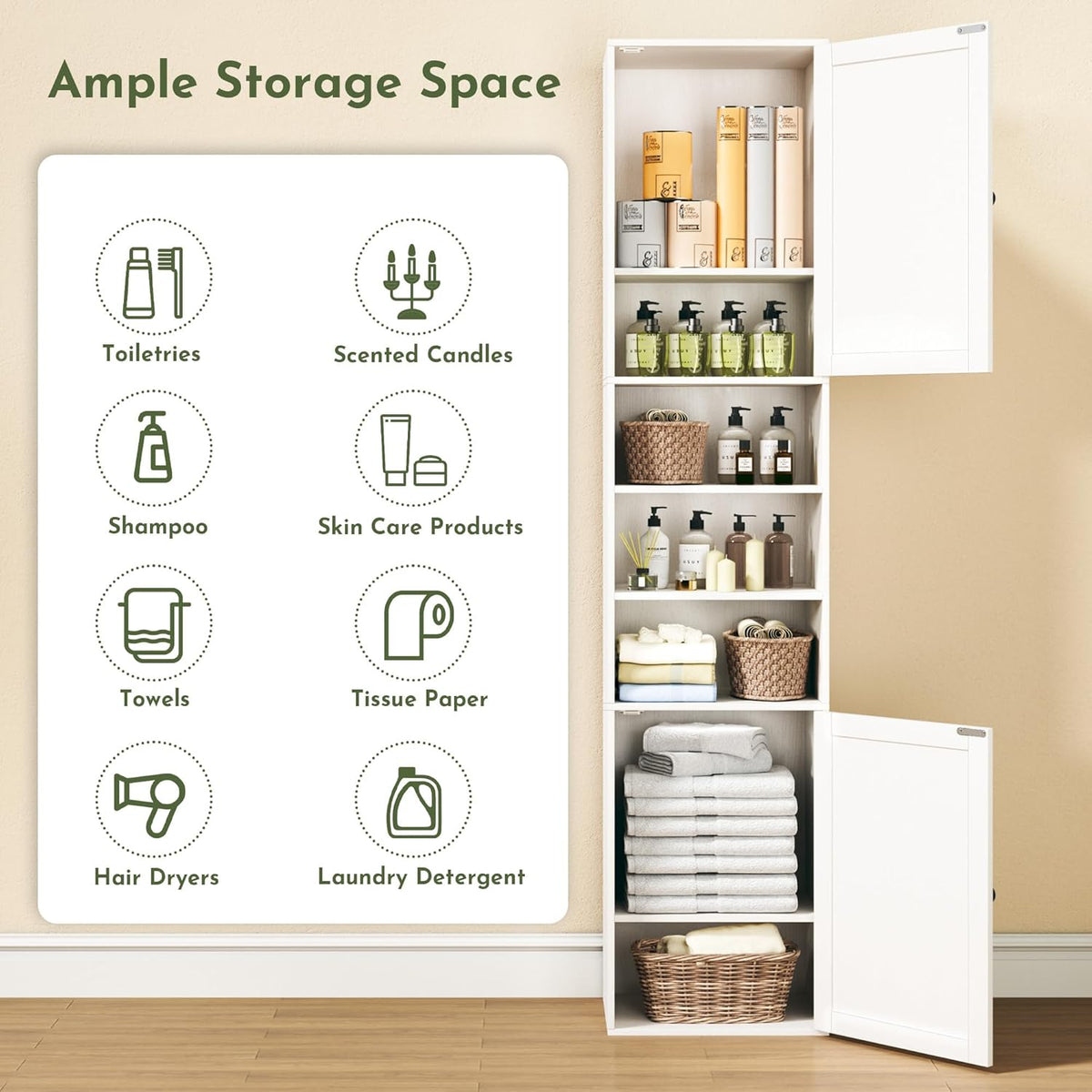 70.8" Tall Bathroom Storage Cabinet with 2 Barn Doors, Narrow Storage Cabinet with Adjustable Shelves & Open Compartments, Slim Floor Cabinet for Bathroom, Kitchen, Entryway, Living Room, White