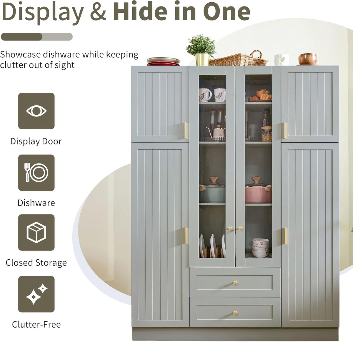 Polibi 6-Door Kitchen Pantry Storage Cabinet,53.2''Lx17.7''W Large Cupboard with Wine Rack, Adjustable Shelves & Pull-Out Trays for Dining Room Organization, Modern Design, Green