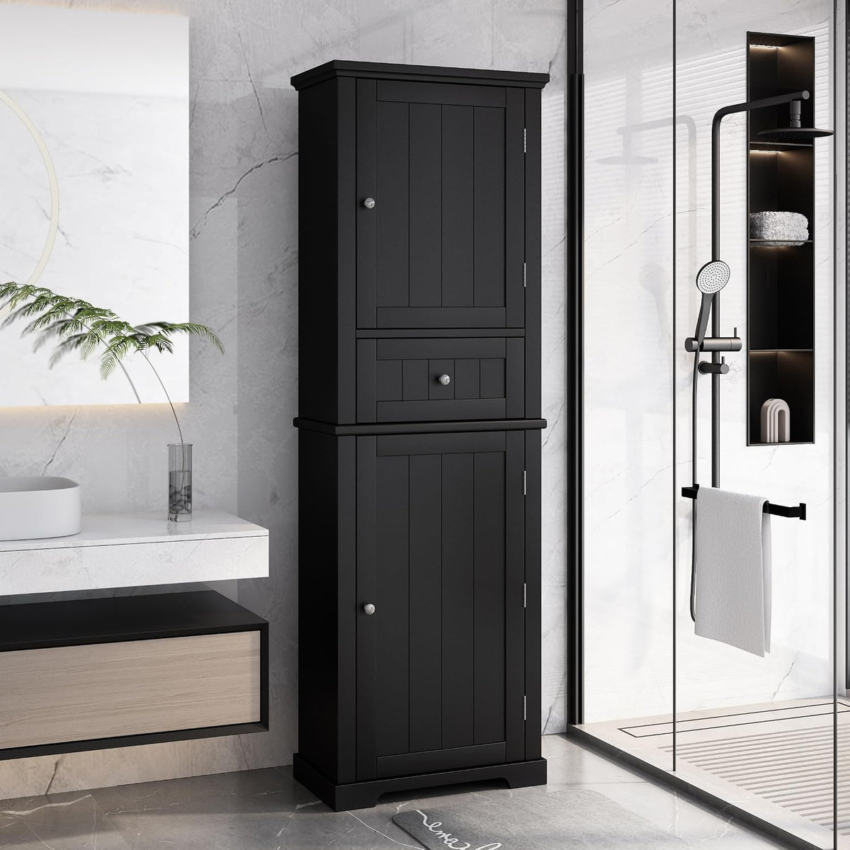 Merax 67.3" Pantry Cabinet with Three Doors & One Drawer, Adjustable Shelves Storage Cupboard for Kitchen/Dining Room/Bathroom, Black