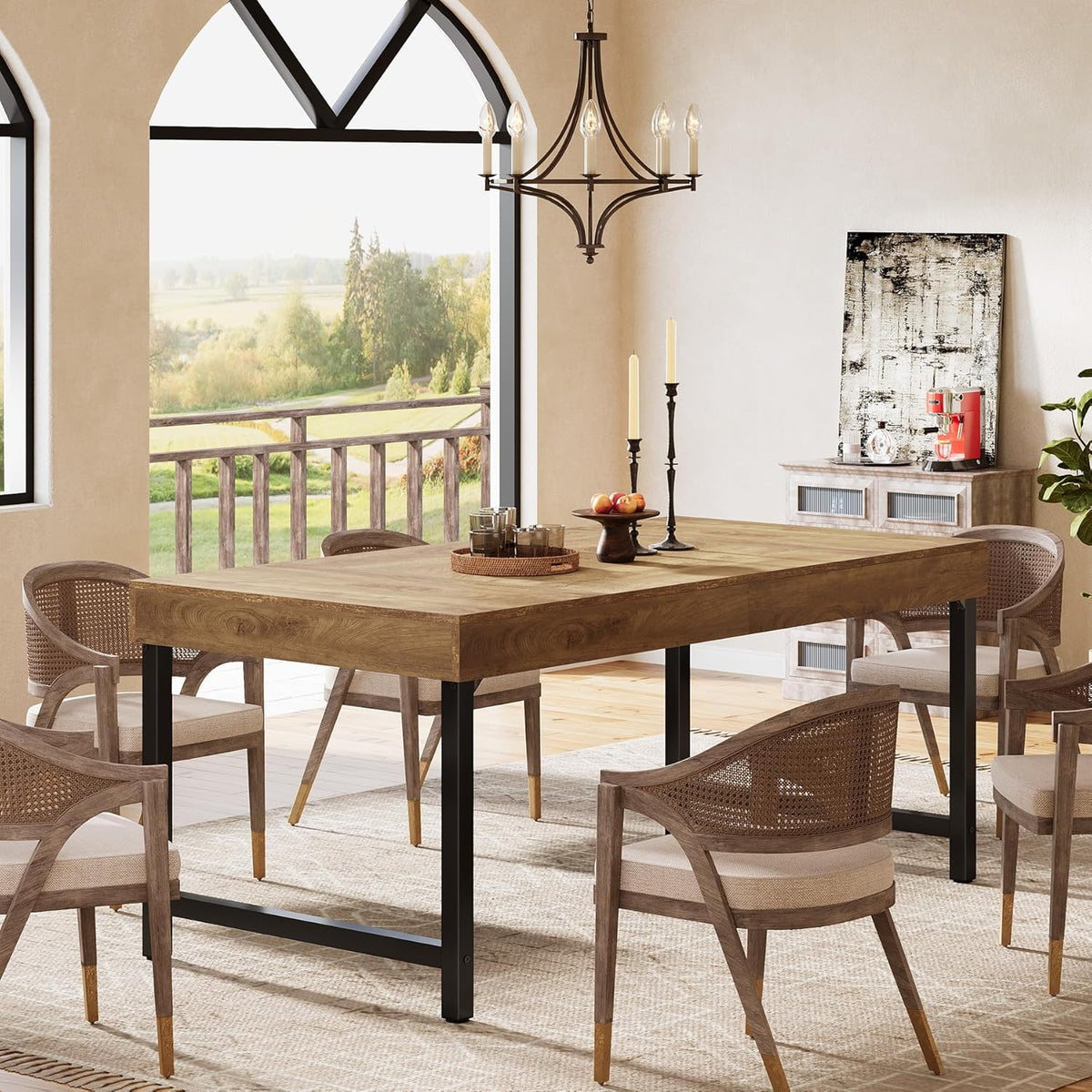 Tribesigns Farmhouse Dining Table for 4-6 People, 55 Inches Industrial Rectangular Kitchen Dinner Table with Heavy-Duty Metal Legs for Home, Dining Room, Small Space, Rustic Brown
