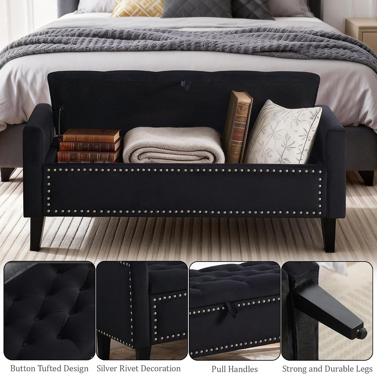 47in Velvet Storage Ottoman Bench with Arms, Upholstered Storage Bench with Wooden Legs, Storage Bench for Bedroom, Living Room, Entryway, Black