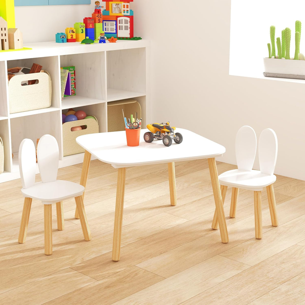 Kids Table and 2 Chairs Set, 3 Piece Wooden Toddler Table and Chair Set, White Activity Play Table and Chairs for Kids, Children's Art Desk Set (Rabbit Theme)