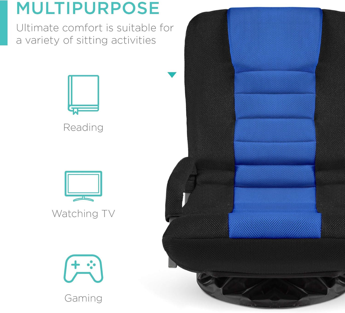Best Choice Products Swivel Gaming Chair 360 Degree Multipurpose Floor Chair Rocker for TV, Reading, Playing Video Games w/Lumbar Support, Armrest Handles, Adjustable Foldable Backrest - Black/Blue
