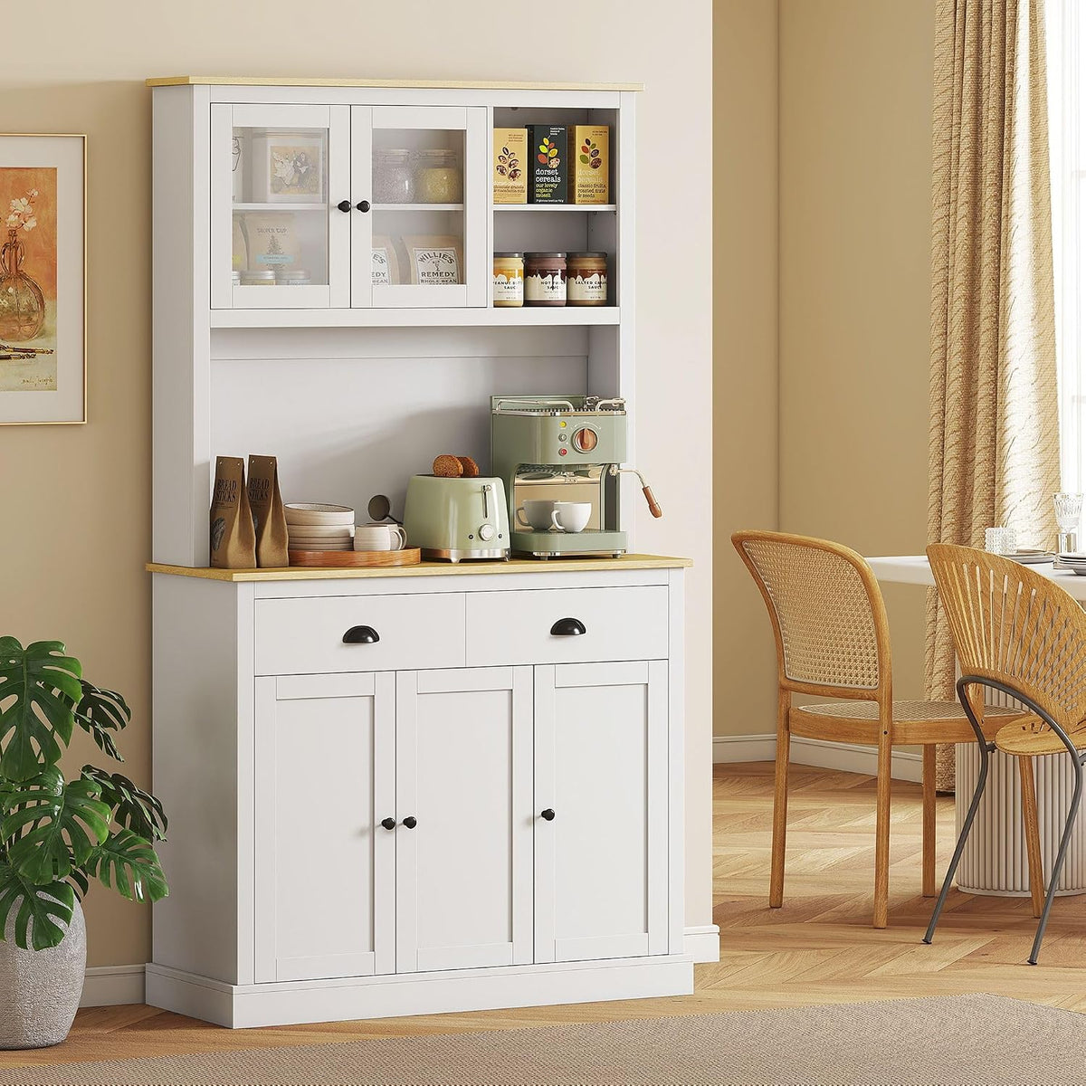 Modern Freestanding Pantry Cabinet 71in H x 39.25in W: White Finish, Warm Oak Countertop, 4-Tier Adjustable Shelves, 35.5in Surface w/Cable Hole, 176lb Capacity