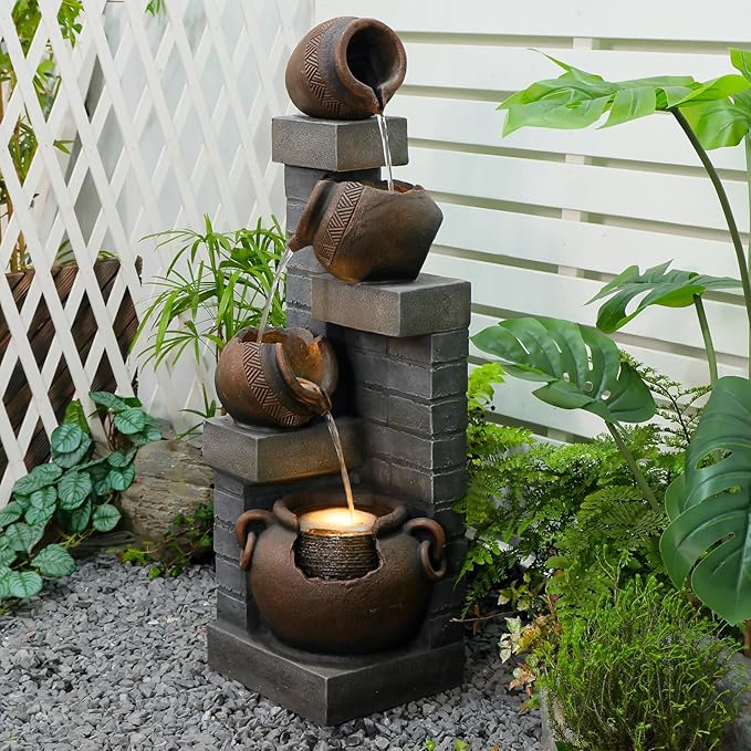 Water Fountain Outdoor 4-Tiers Cascading Realistic Bowls Waterfall Clay Pot Design Outdoor Fountain Resin Imitation Wood with LED Lights for Garden, Patio, Porch 42" H