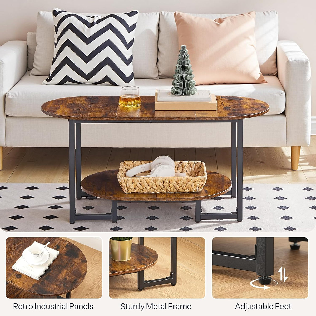 HOOBRO Coffee Table for Living Room, Oval Small Coffee Table with 2-Tier Open Storage Shelf, Industrial Cocktail Tea Table, Wooden Desktop Center Table, Farmhouse, Home Office, Rustic Brown BF09KF01