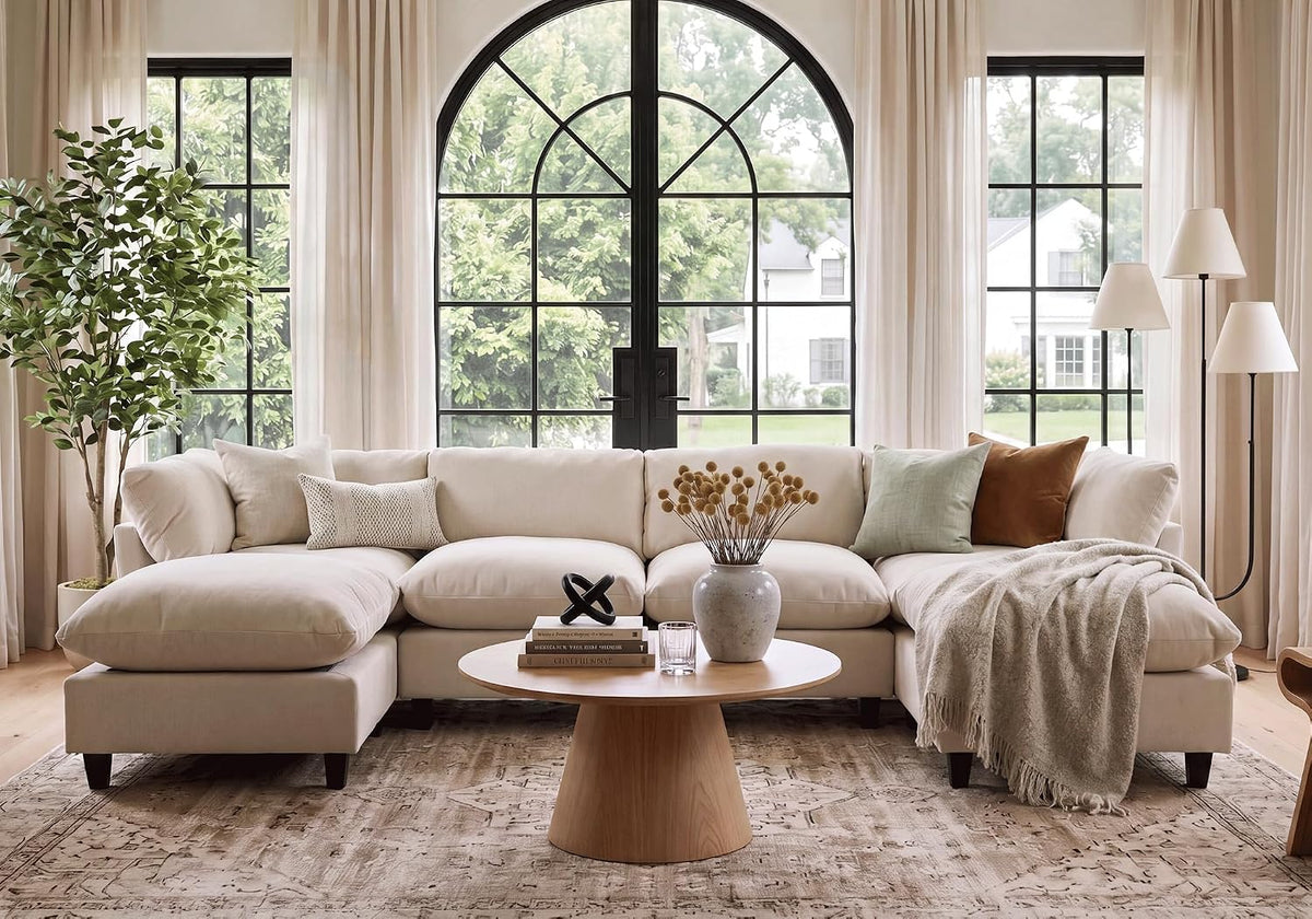Iroomy Modular Sectional Sofa, U Shaped Chenille Cloud Couch Deep Comfy Seat, 6-Seater Sofas Couches for Living Room, Beige