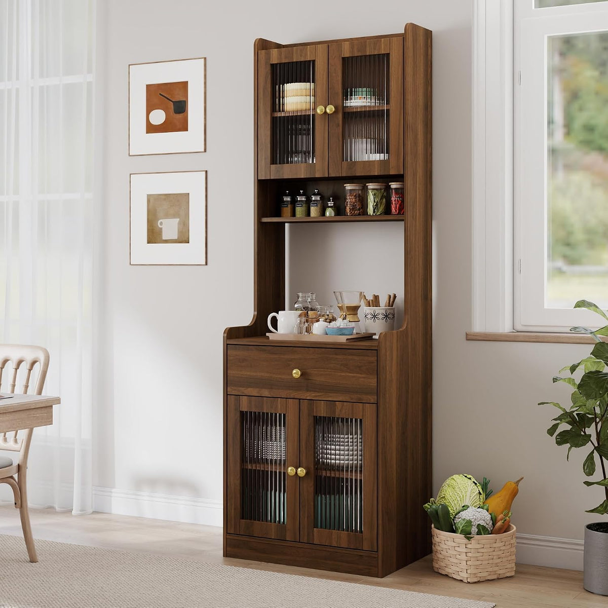 Runboll Tall Coffee Bar Cabinet with Hutch, Kitchen Pantry Cabinet with Microwave Stand, Farmhouse Storage Cabinet with Glass Doors & Drawers for Kitchen, Dining Room, Walnut