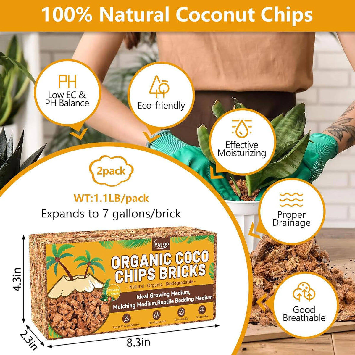 Legigo 2 Pack Coco Husk Chips- 2.2 LB 100% Organic Coconut Coir Chips Brick Potting Soil Mix with Low EC & PH Balance, Compressed Coconut Substrate Coco Chips Mulch Medium for Garden, Flowers, Plants