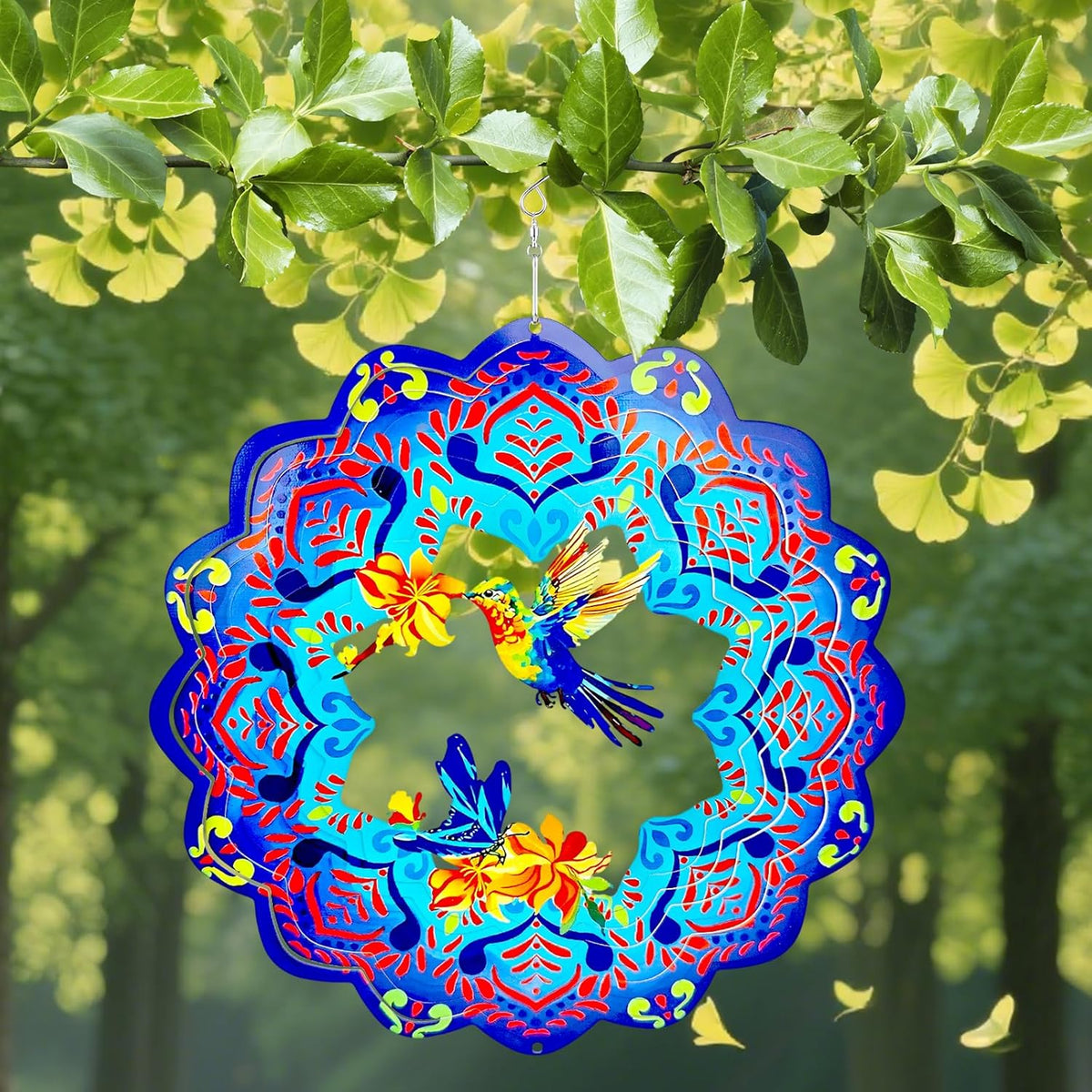 Wind Spinners 12 inch 3D Stainless Steel Laser Cut Metal Art Geometric Pattern Wind Sculpture Hanging for Garden Decorations Gifts Indoor Outdoor Blue