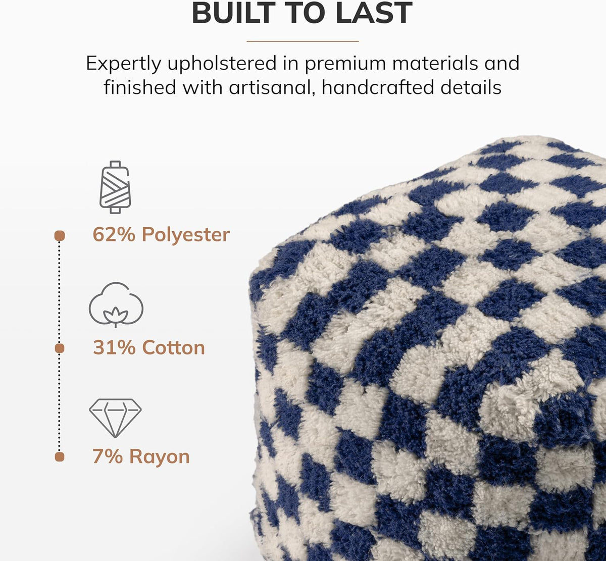Anji Mountain Artisan Crafted Cotton Blend Pouf Ottoman | Versatile Floor Seating & Footstool for Living Room | Modern Boho Home Décor Accent | Filled Pouffe | Soft & Fluffy Ottoman Pouf, Lightweight, Decorative Floor Pouf Seating for Bedroom & Home