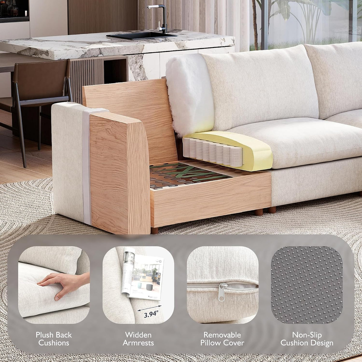 Ihanherry 152" Oversized Modular Sectional Sofa, Modern U Shaped Cloud Couch with 2 Storage Ottoman, 6-Seat Comfy Chenille Deep Seat Sofa with 2 Pillows for Living Room, Beige