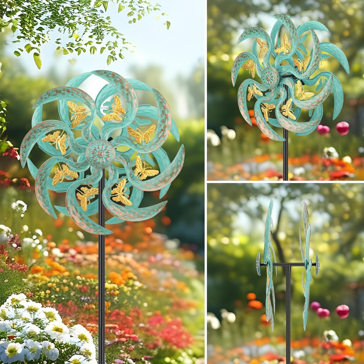 Metal Wind Spinner Outdoor, Golden Butterfly Kinetic Wind Sculpture Spinners with Metal Stake, Yard Art Decor for Patio, Lawn & Garden, Creative Gifts 57.5 * 13.4 Inch