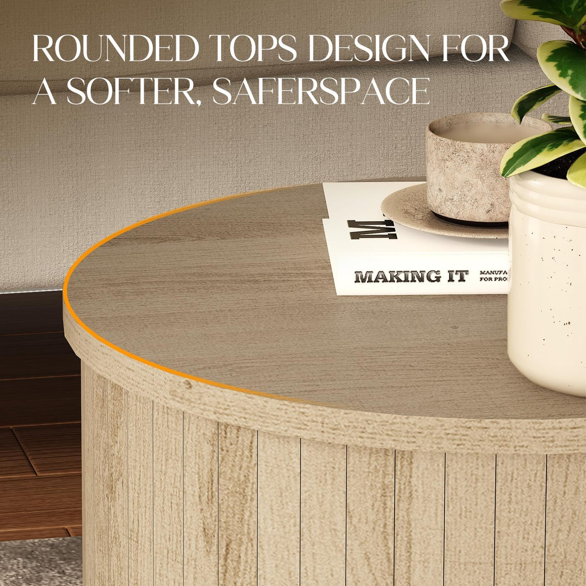 Round Fluted End Table for Living Room, Modern Wooden Sofa Couch Side Table for Small Spaces, 21.9" H Nightstand Set of 2 for Bedroom (Oslo Oak)