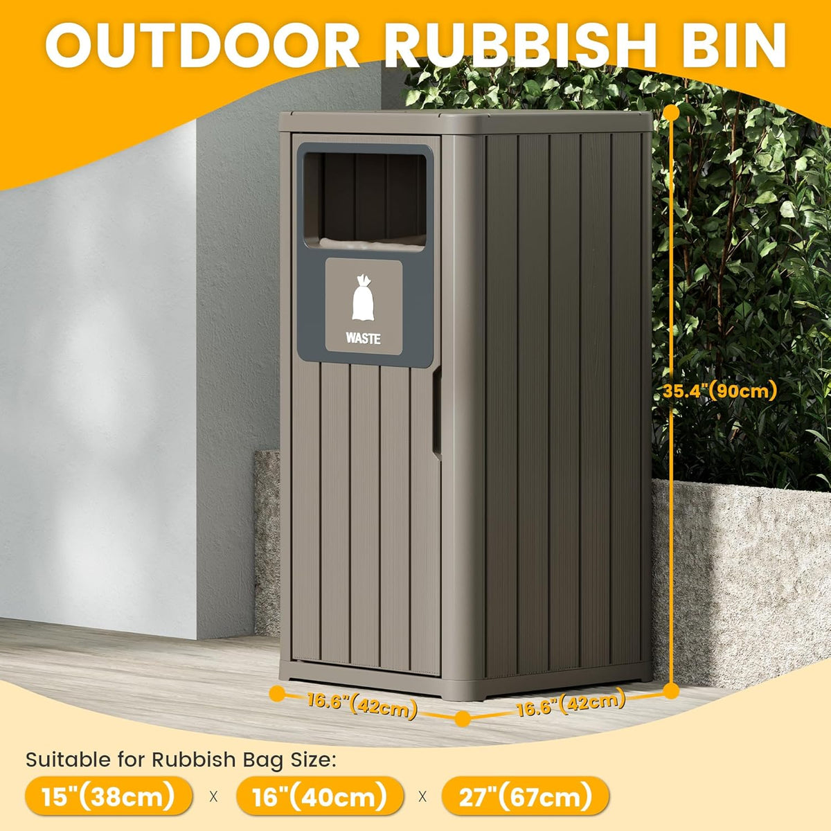 Outdoor Trash Can Waterproof Resin Garbage Can with Garbage Labels Outdoor Trash Bin for Patio, Garden,Kitchen