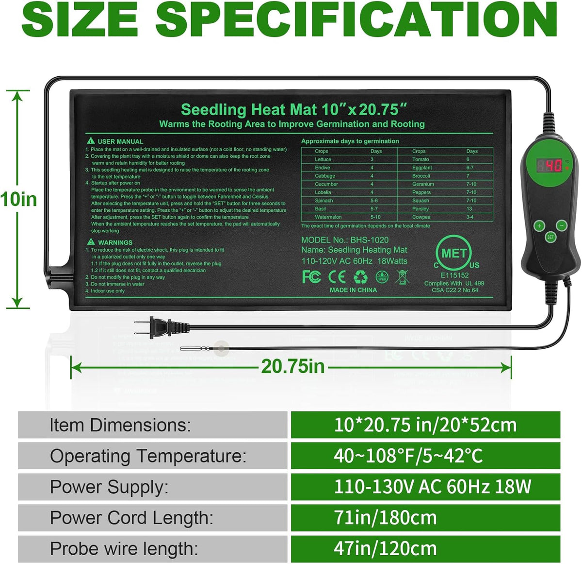 Seedling Heat Mat with Built-in Temperature Controller (2 Pack), 10" x 20.75" Plant Heating Pad with Thermostat for Indoor Seed Starting Germination Hydroponics Waterproof