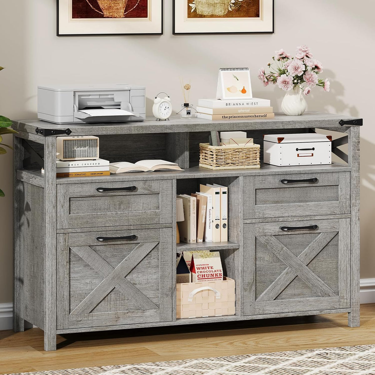 Halitaa File Cabinet with Open Storage Shelf for Home Office, Gray | Farmhouse, Lateral Filing Organization Storage Cabinets, 4 Drawers, Adjustable Shelf, Hanging Files Letter/A4