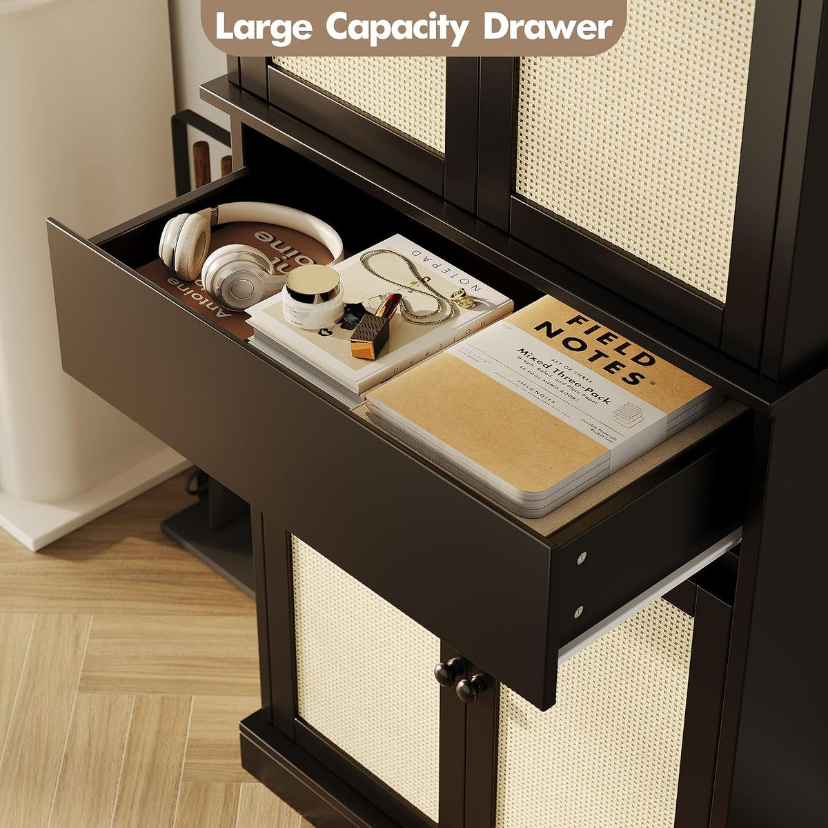 69'' Tall Pantry Cabinet with Rattan Doors, Slim Kitchen Cabinet for Narrow Spaces, Black Wood Storage Shelves with Drawer and Adjustable Shelves for Dining Room