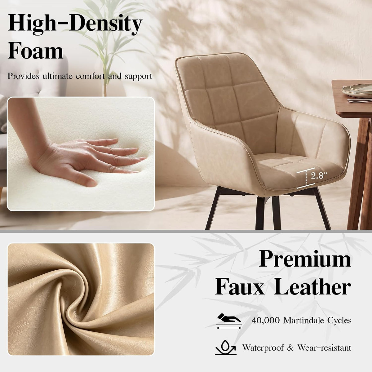 TUKAILAi Swivel Dining Chairs Set of 2, Faux Leather Dining Chairs with Arms & Metal Legs, Upholstered Mid Century Rotatable Kitchen Chairs for Living Room Bedroom Kitchen Restaurant (Cream)
