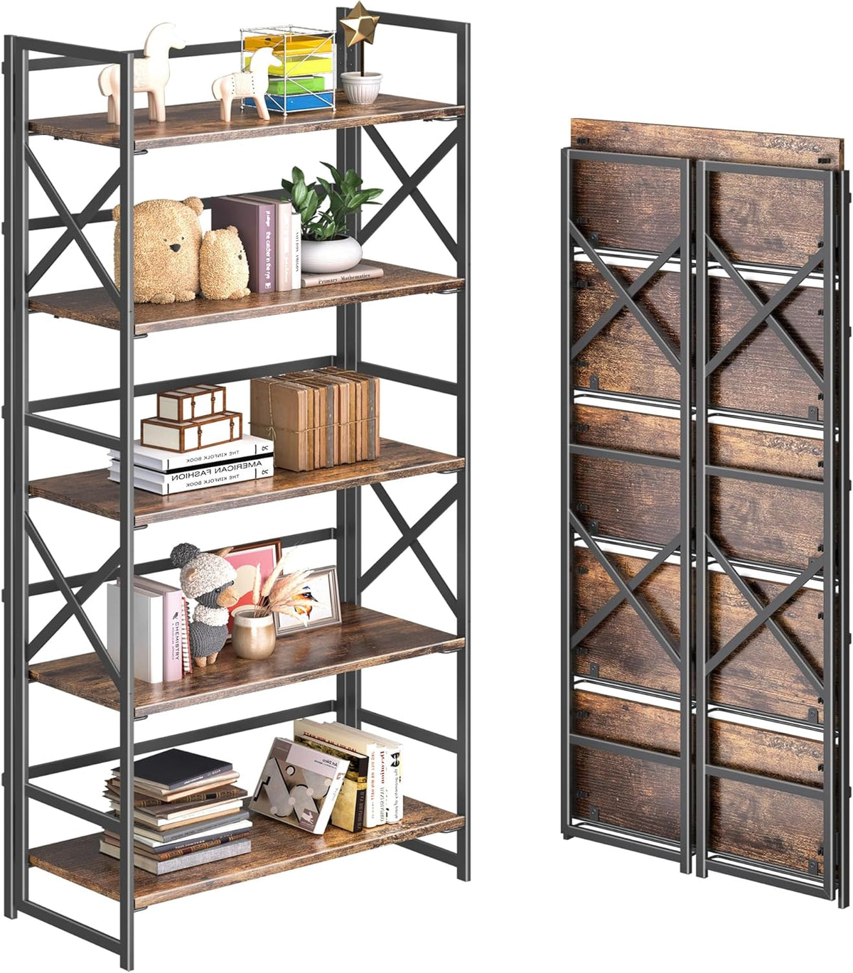 4NM 5 Tiers No Assembly Book Shelves, 51.2" H Folding Bookshelf Bookcase Open Industrial Foldable Shelves for Bedroom, Living Room, Home Office - Rustic Brown Black