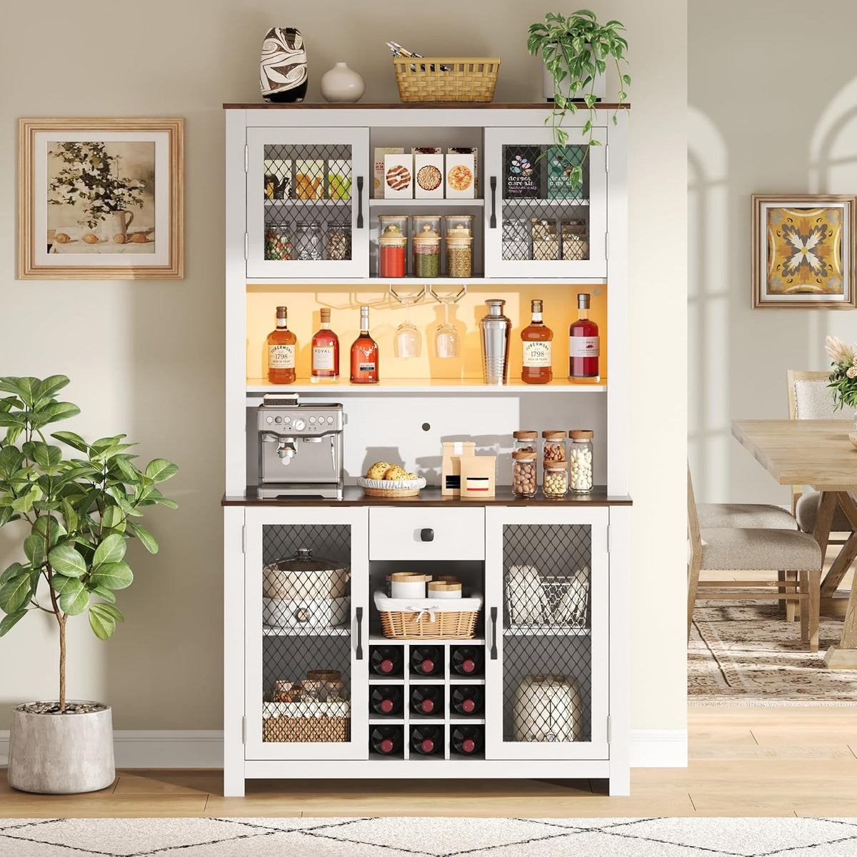 70.9" Farmhouse Kitchen Hutch Cabinet with Charging Station, 2 AC Outlets & 2 USB Ports, Built-in Wine Rack for 9 Bottles, Stemware Holder & LED Light, Freestanding Pantry Storage Cabinet (White)