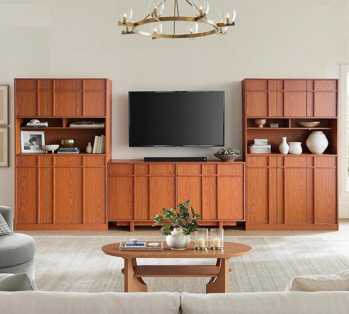 72" Pantry Cabinet, Tall Kitchen Pantry Storage Cabinet with Countertop, Adjustable Shelves, Mid Century Modern Wooden Kitchen Hutch with Skeleton Lines for Living Room, Dining Room, Cherry