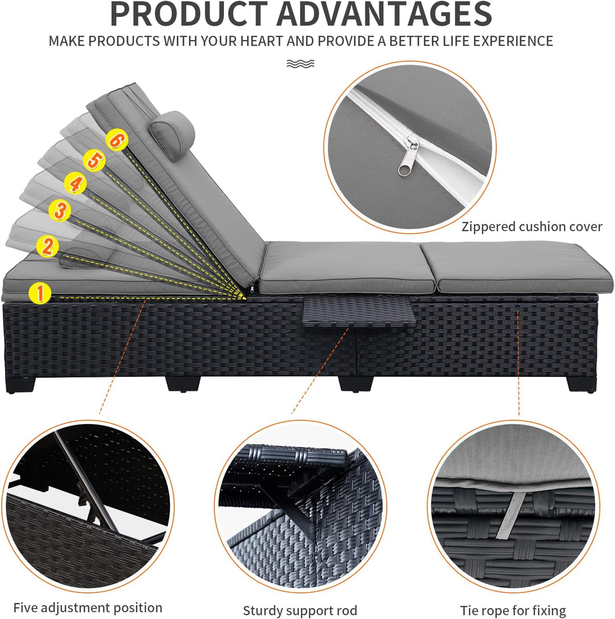WAROOM Outdoor Chaise Lounge Chairs for Outside Patio Furniture Set of 2 Wicker Recliner Black Rattan Sunbathing Lounger Adjustable Backrest Pool Reclining Chair, Grey Cushion