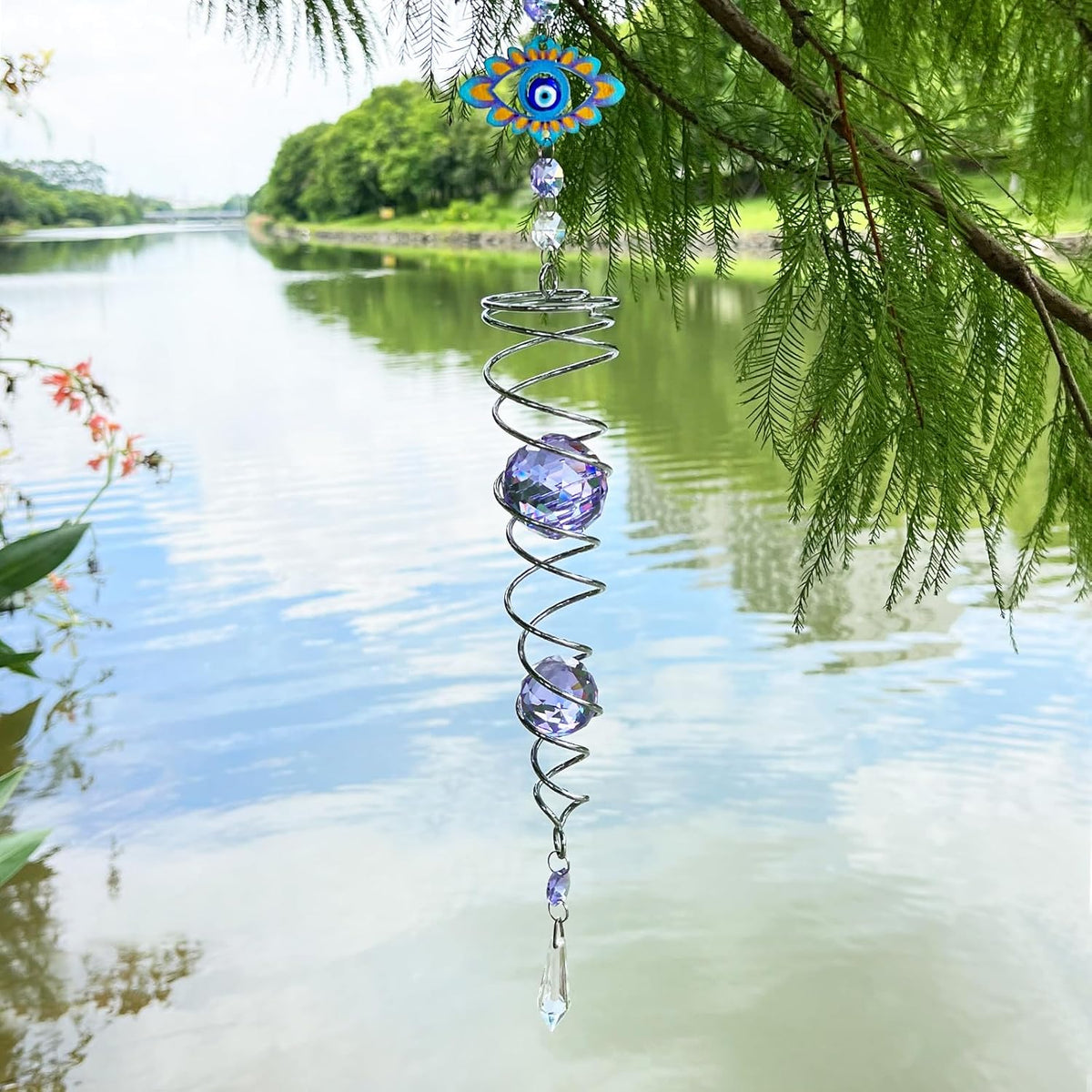 FONMY Evil Eye Gazing Ball Spiral Tail Wind Spinner Sun Catcher Rainbow Maker Silver Spiral W/Purple K9 Crystal Ball Christmas GifTree Hanging Ornament Indoor Outdoor Garden Decor. 19.5inch H