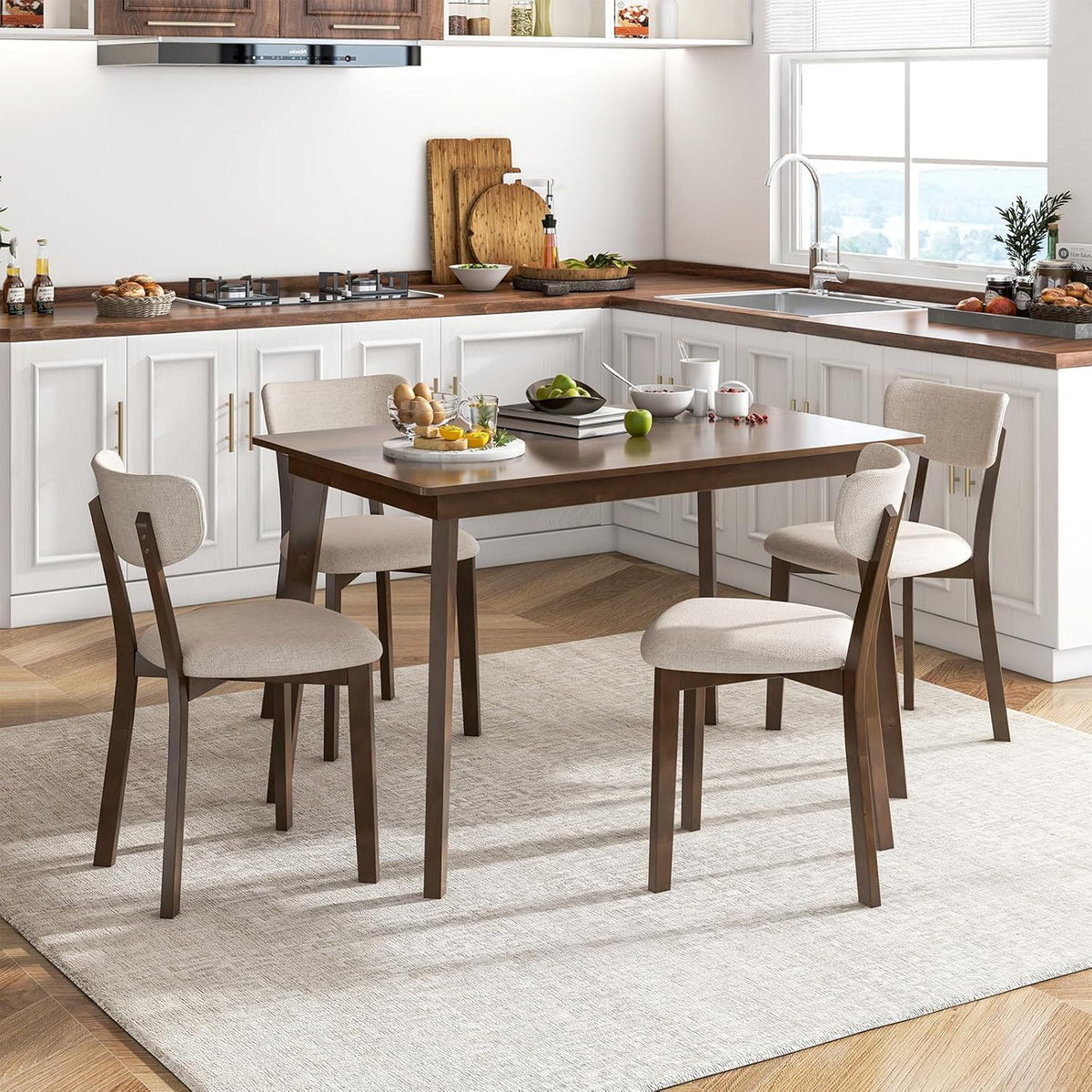 GOFLAME 5-Piece Dining Table Set for 4, Farmhouse Kitchen Table & 4 Upholstered Chairs with Rubber Wood Frame, Padded Seat, Curved Backrest, Space-Saving Dinette Set for Dining Room, Small Space