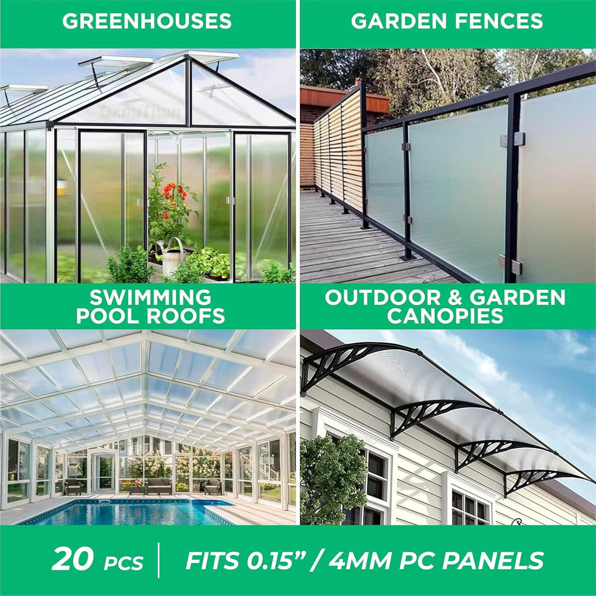 Polycarbonate Greenhouse Panels (U Connectors) - 20 Pieces, 2ft Length, Prevent Dust, Rain & Moisture from Getting into Twin-Wall Panels, Fits 4mm (0.15 in) Panels (U Connectors 4mm-2ft)