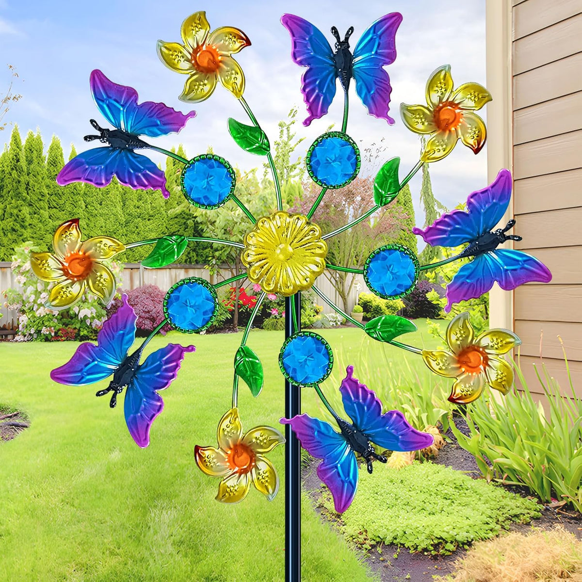 44" Butterfly Garden Wind Spinners - Metal Outdoor Stake Spinner Windmills, Wind Sculpture Yard Art Decorations for Patio & Lawn