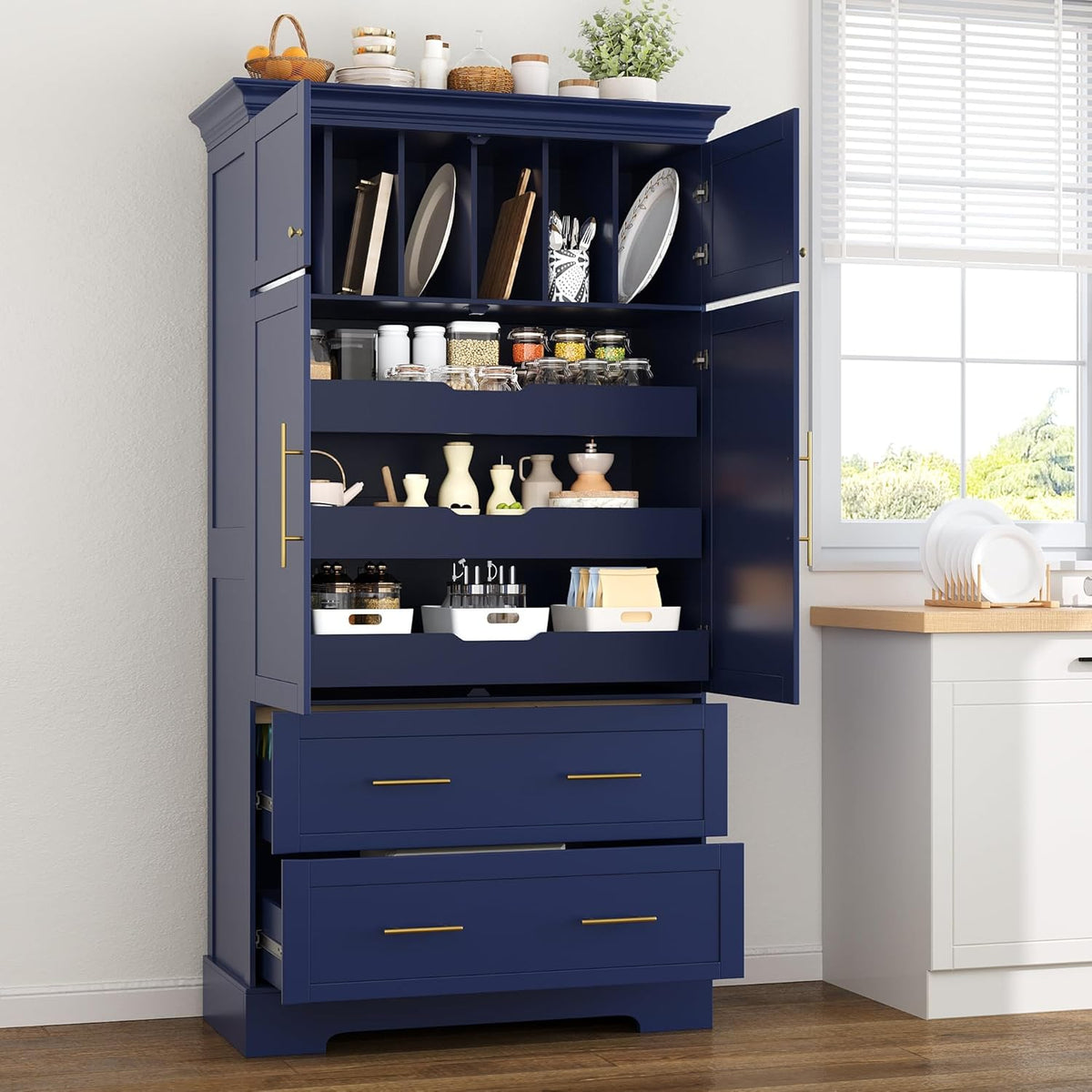 Farmhouse Freestanding Kitchen Pantry,4 Doors Dining Storage Cabinet with Pull-Out Trays, Drawers and Cake Pan Storage Organizer,for Dining Room (Blue-Q)