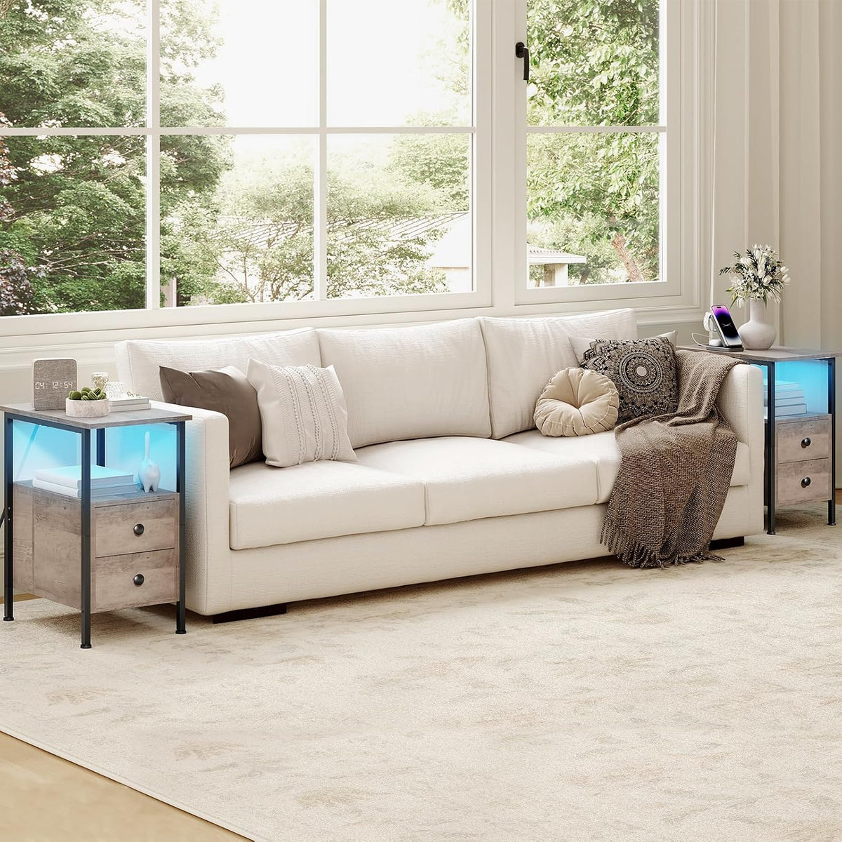 HOOBRO End Table with Charging Station & Led Light, Flip-Top Narrow Side Table with 2 Drawers, Nightstand for Small Spaces, Bedroom, Living Room, Stable and Sturdy, Greige and Black BG436UDBZ01