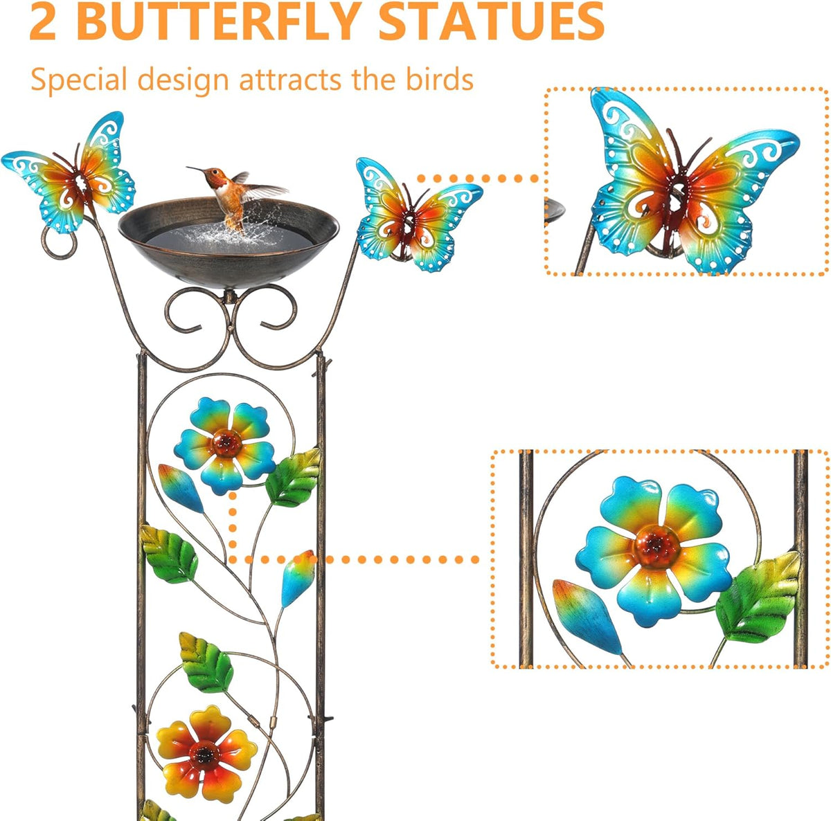 SUNNYPARK Bird Bath with Trellis Outdoor, Antique Garden Iron Plant Trellis with Decorative Floral-Butterflies Detachable Bird Bath Bowl Metal Potted Plants Support for Climbing Flowers