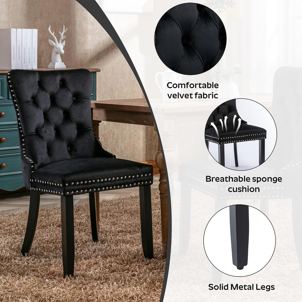 5-Piece Dining Table Set with 39In Tempered Glass Table and 4 Velvet Upholstered Chairs, Modern Scandinavian Furniture for Dining Room Kitchen(Black)