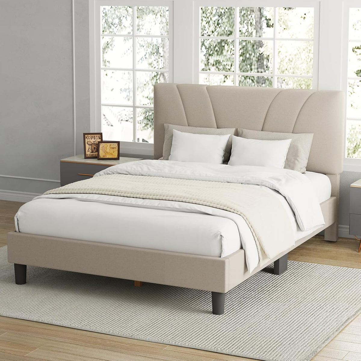 Avenco Queen Bed Frame, Upholstered Platform Queen Size Bed Frame with Adjustable Headboard, Easy Assembly, No Box Spring Needed, Beige