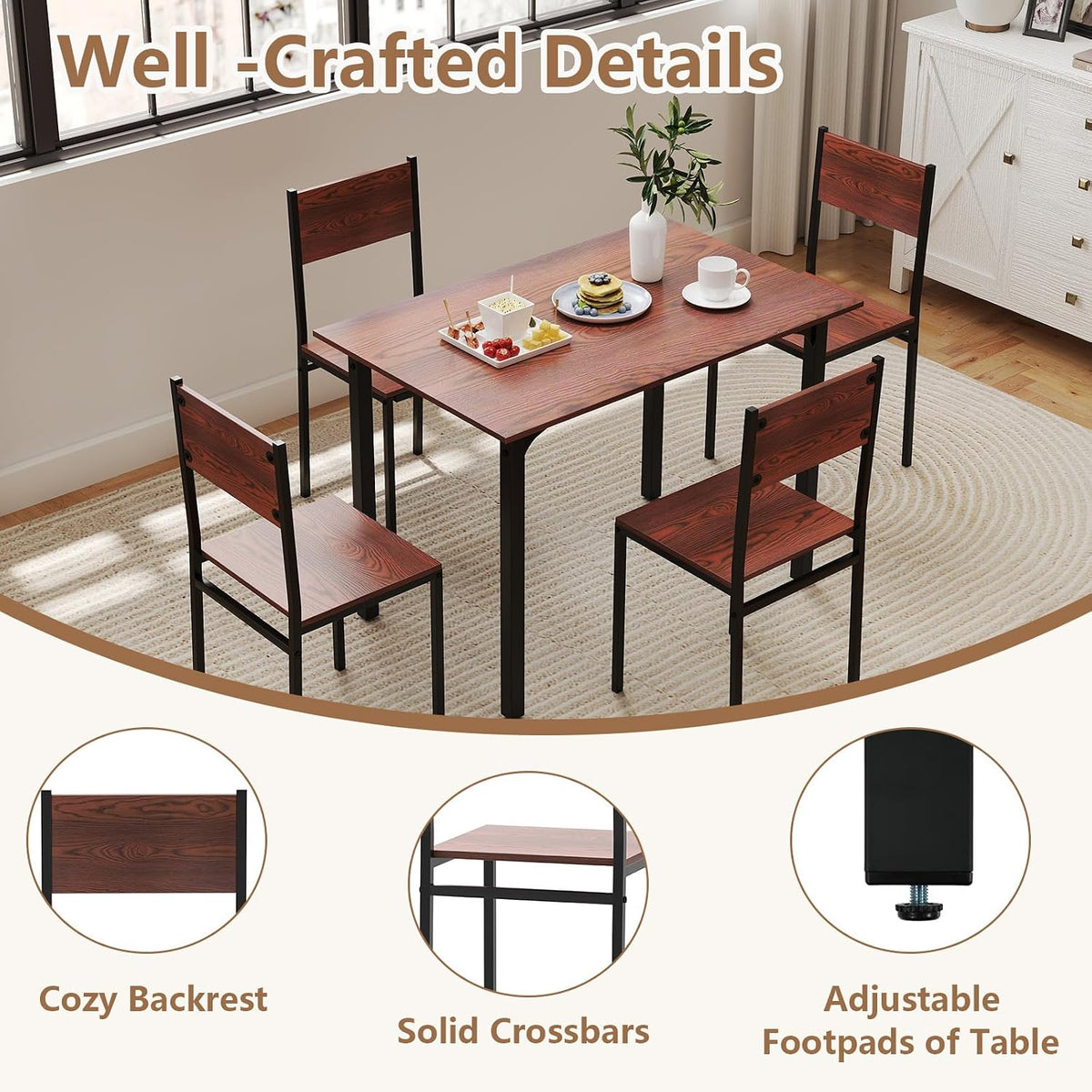 GOFLAME 5-Piece Dining Table Set, Industrial Kitchen Table and Chairs for 4 with Backrest and Metal Frame, Rectangular Space-Saving Dinette Set for Dining Room, Apartment, Small Space, Walnut