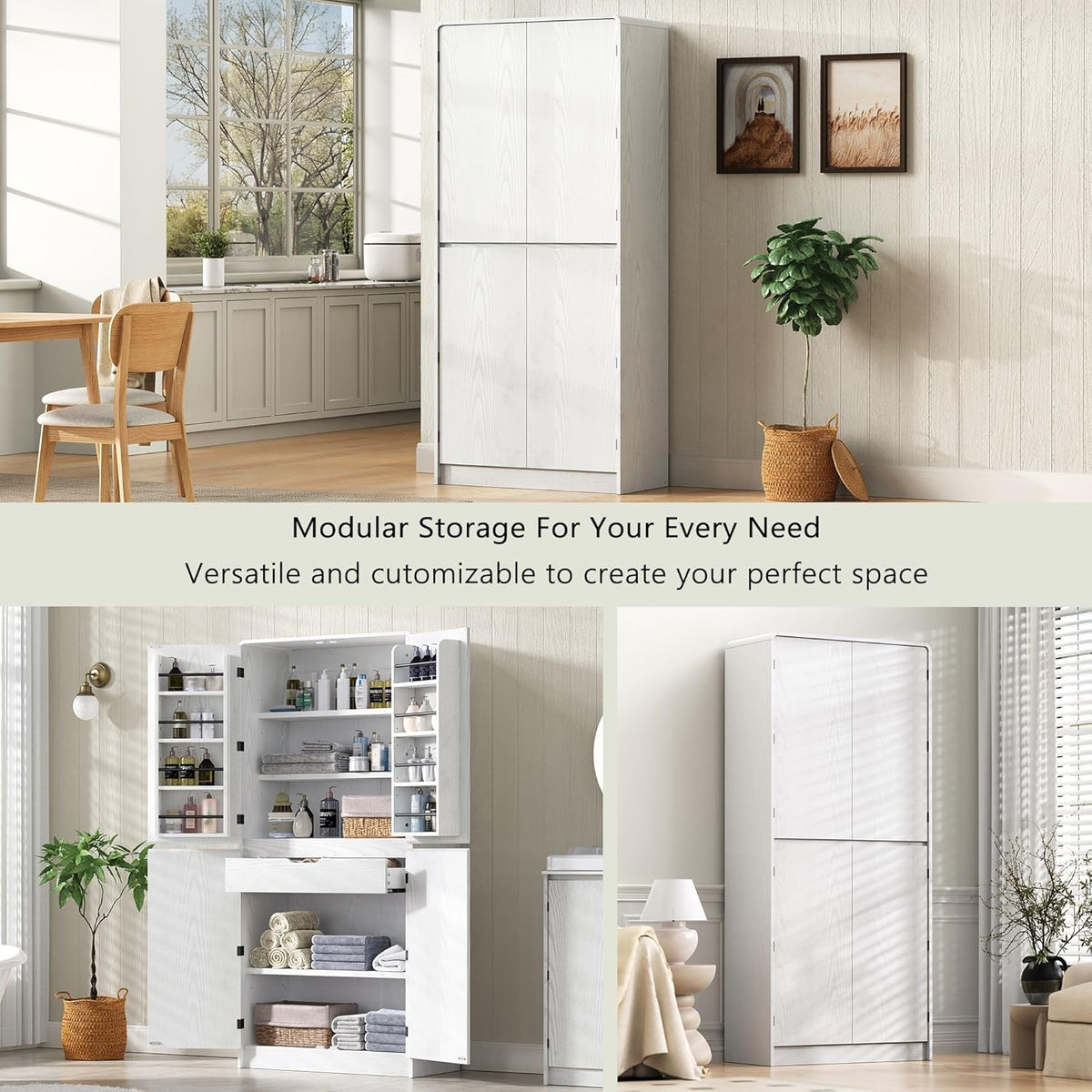 72 Inch Farmhouse Kitchen Pantry Cabinet with Unique Curved Design, 4-Door Storage with 8 Adjustable Door Shelves, 3 Adjustable Shelves & Hidden Drawer, Freestanding (Curved Design + White)