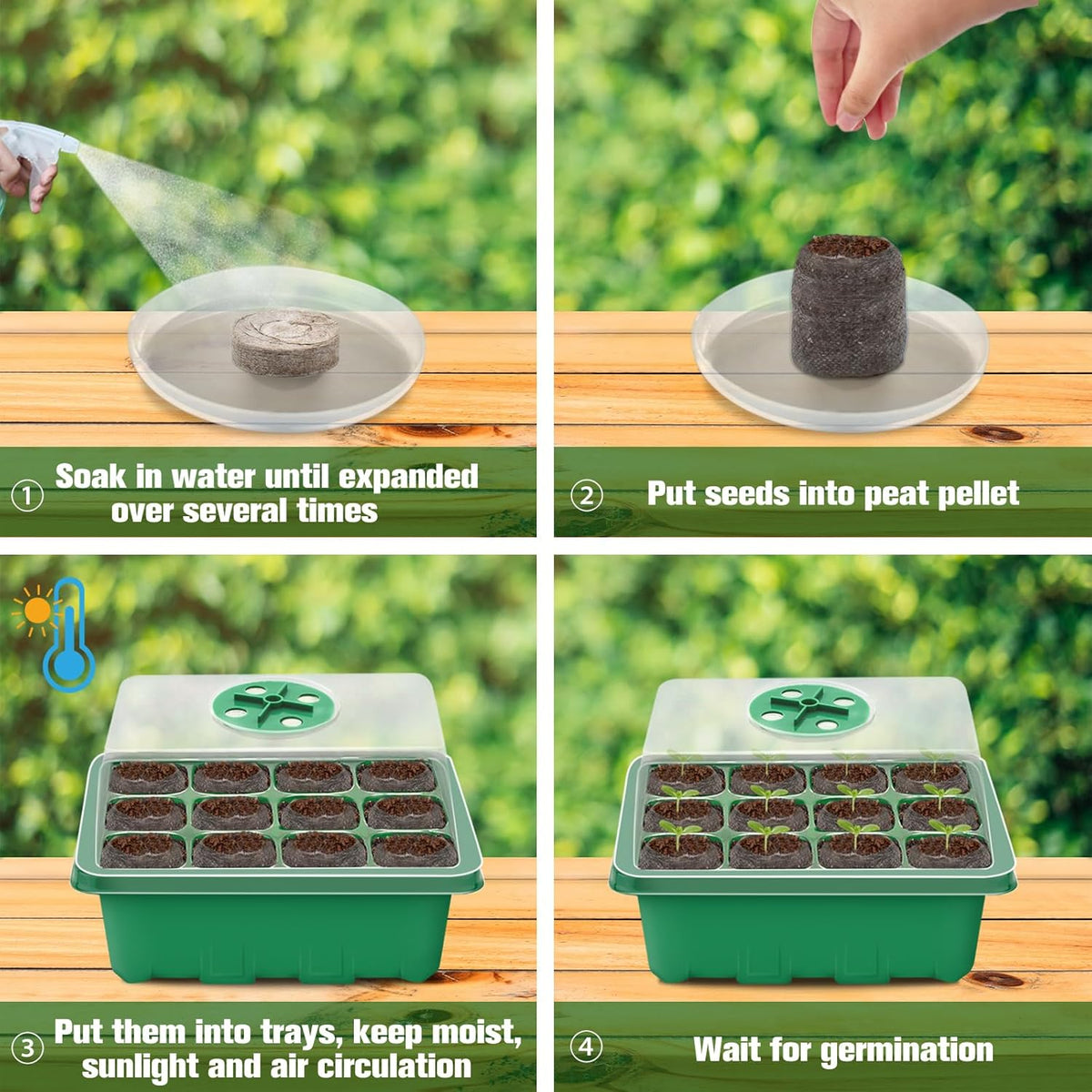 Halatool 4 Pack Seed Starter Tray with 50 PCS Peat Pellets, 48 Cells Green Seeding Starter Trays for Organic Seed Stater Soil Pods for Planting Vegetables Plants Flowers - Starting Seeds Kit