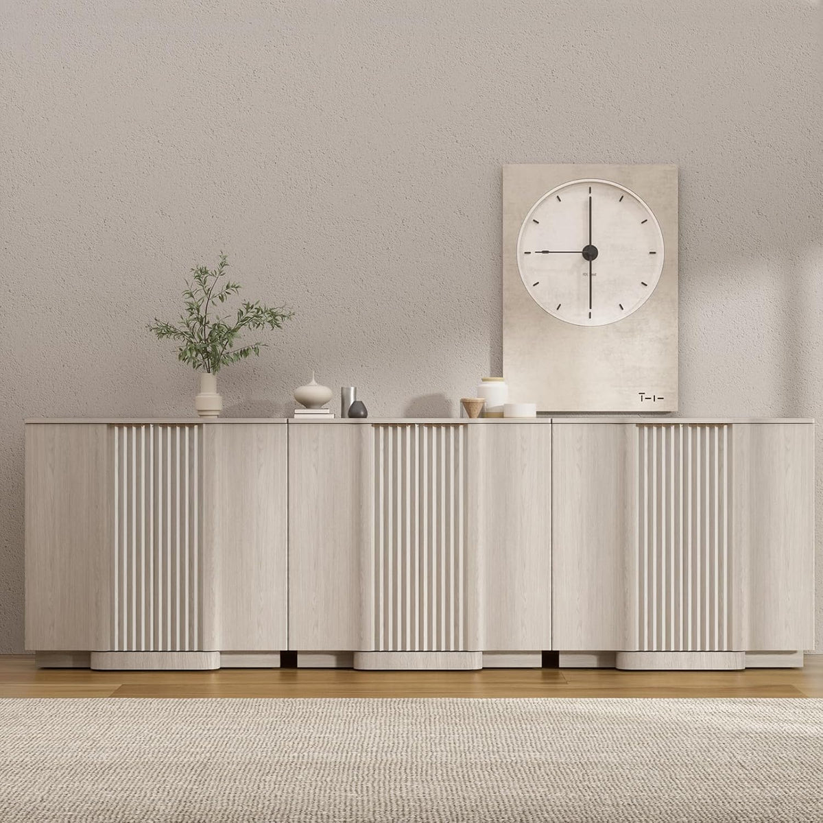 Brafab Buffet Cabinet, 110" Modern Farmhouse Accent Sideboard Cabinet with 8 Doors, Wood Fluted Credenza for Living Room and Kitchen, White