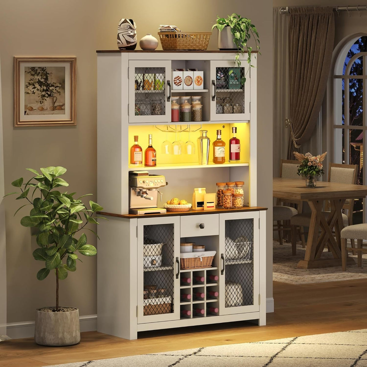 70.9" Kitchen Pantry Storage Cabinet Rustic Buffet Cabinet, Kitchen Hutch Cabinet with LED Outlets Food Pantry with Doors and Shelves Wine Rack for Dining Room, White