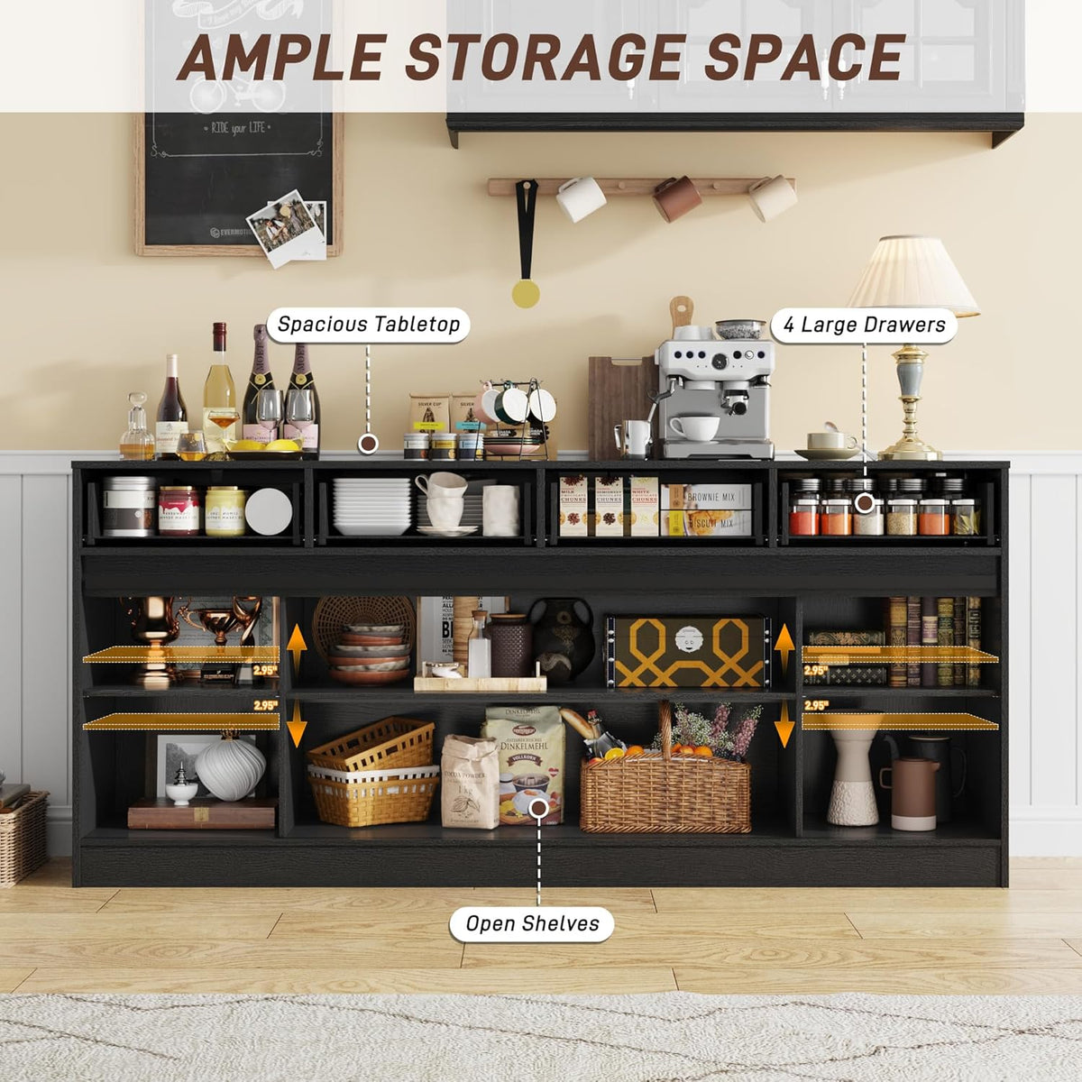 70” Large Buffet Sideboard Cabinet w/4 Drawer,Farmhouse Coffee Bar Cabinet Buffet with Storage,Sliding Door,Long Kitchen Buffet Table,Kitchen Sideboard Cabinet,Credenza for Dining Room,Black