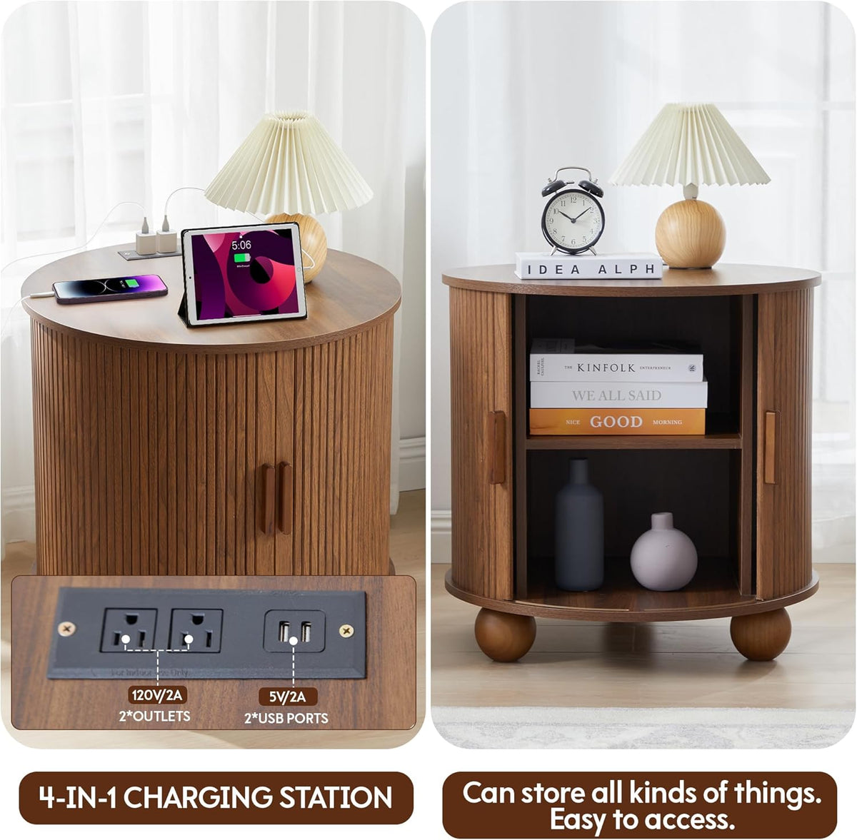 24" End Table with Charging Station, Farmhouse Round Fluted Wood Night Stand, Mid-Century Large Side Table with Storage & Sliding Door for Living Room, Bedroom (Round, Walnut)
