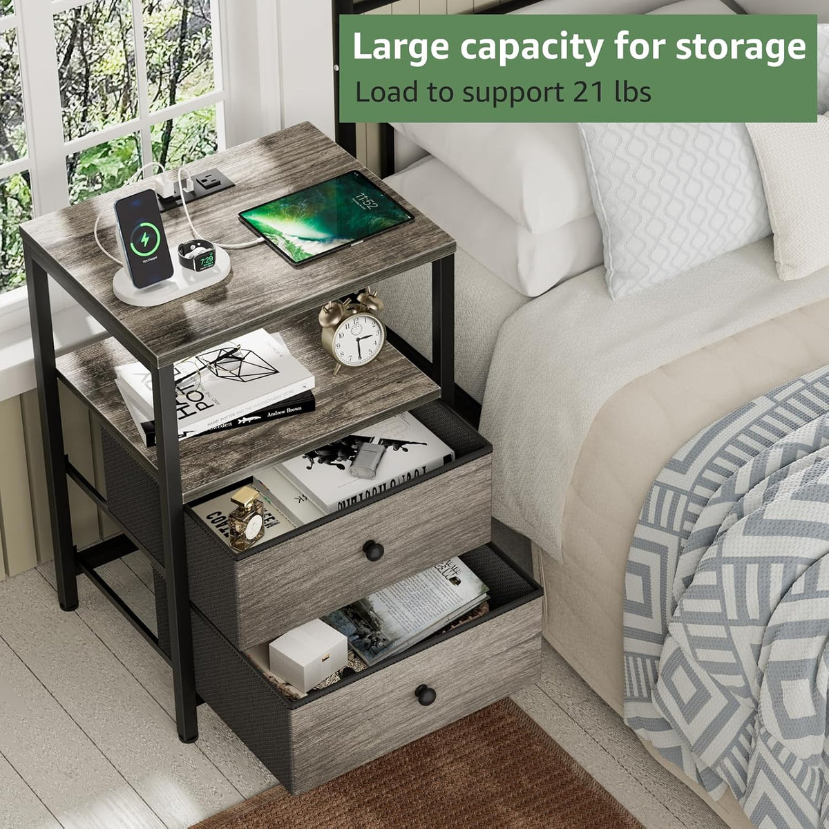 BOLUO Gray Nightstand with Charging Station, LED Night Stand with 2 Fabric Drawers, Bedside Table with USB Ports and Outlets, Nightstand for Bedroom Modern