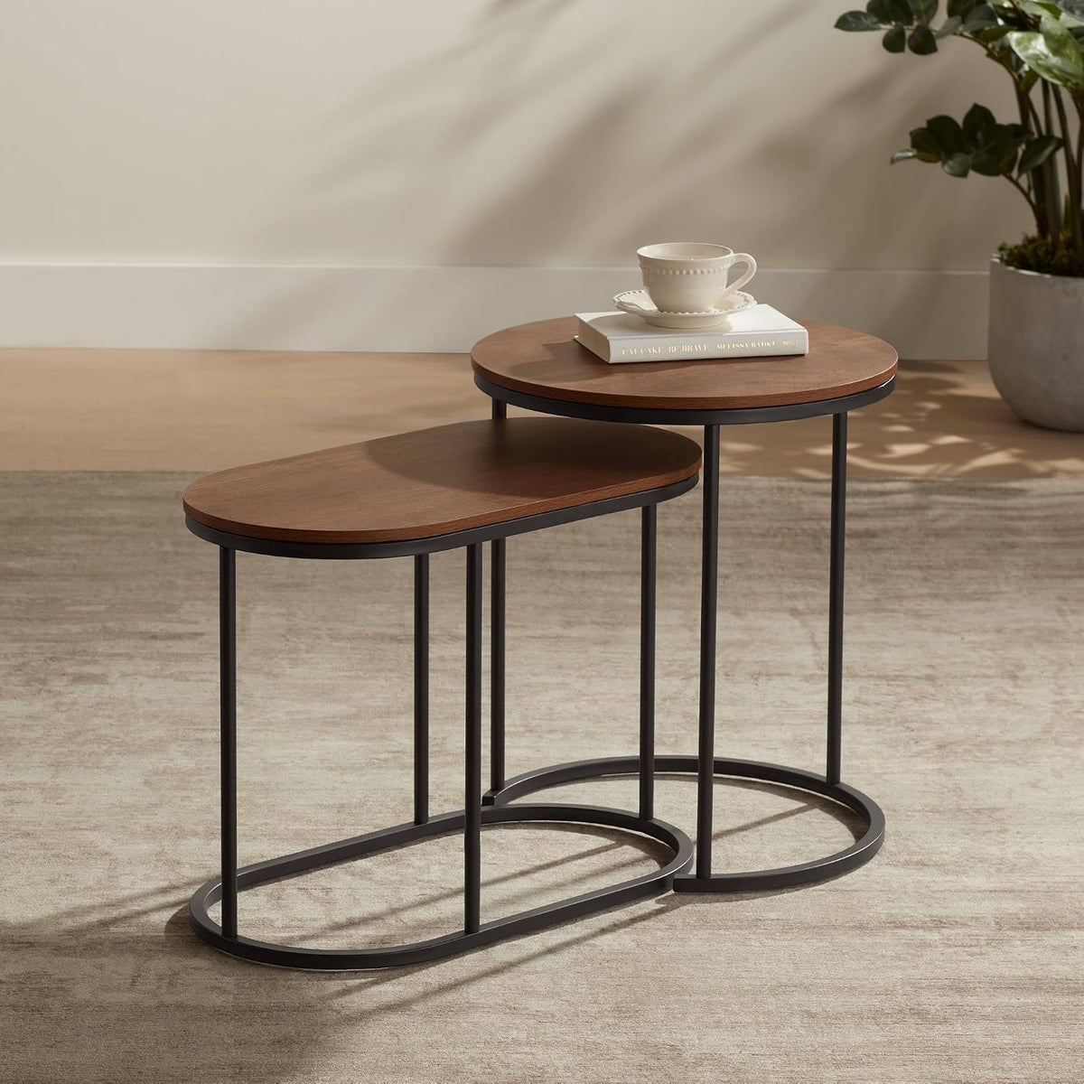 Studio 55D Santa Maria Modern Industrial Set of 2 Small Walnut Round Circle Oval Nesting Wood Black Metal Frame Accent Coffee Couch Side End Tables Living Room Decor Furniture Bedroom Home Office