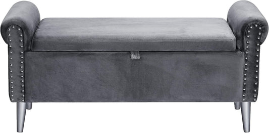 Storage Bench for Bedroom- Grey Velvet Bench with Storage 47" | Featuring Rolled Arms Decorative Nailhead Trim Safety Hinge Large Storage Space for Living Room, Entryway Pet Friendly