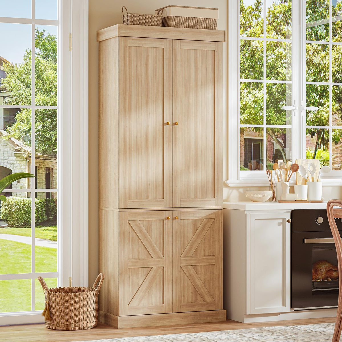 ivaniti 70.8" Tall Farmhouse Kitchen Pantry Cabinet with Glass Doors, Modular Storage Cabinet with 6-Tier Adjustable Shelves, Large Storage Cabinet for Kitchen or Living Room, Set of 3, Brown