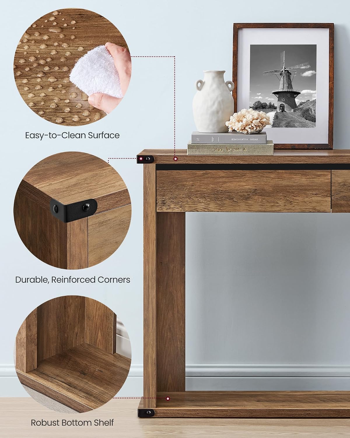 VASAGLE 63" Console Table with 3 Drawers, Entryway Table, Bottom Shelf | Narrow Sofa Table Behind Couch, Metal Corners, for Living Room, Bedroom, Farmhouse Style, Honey Brown ULNT146KB01S