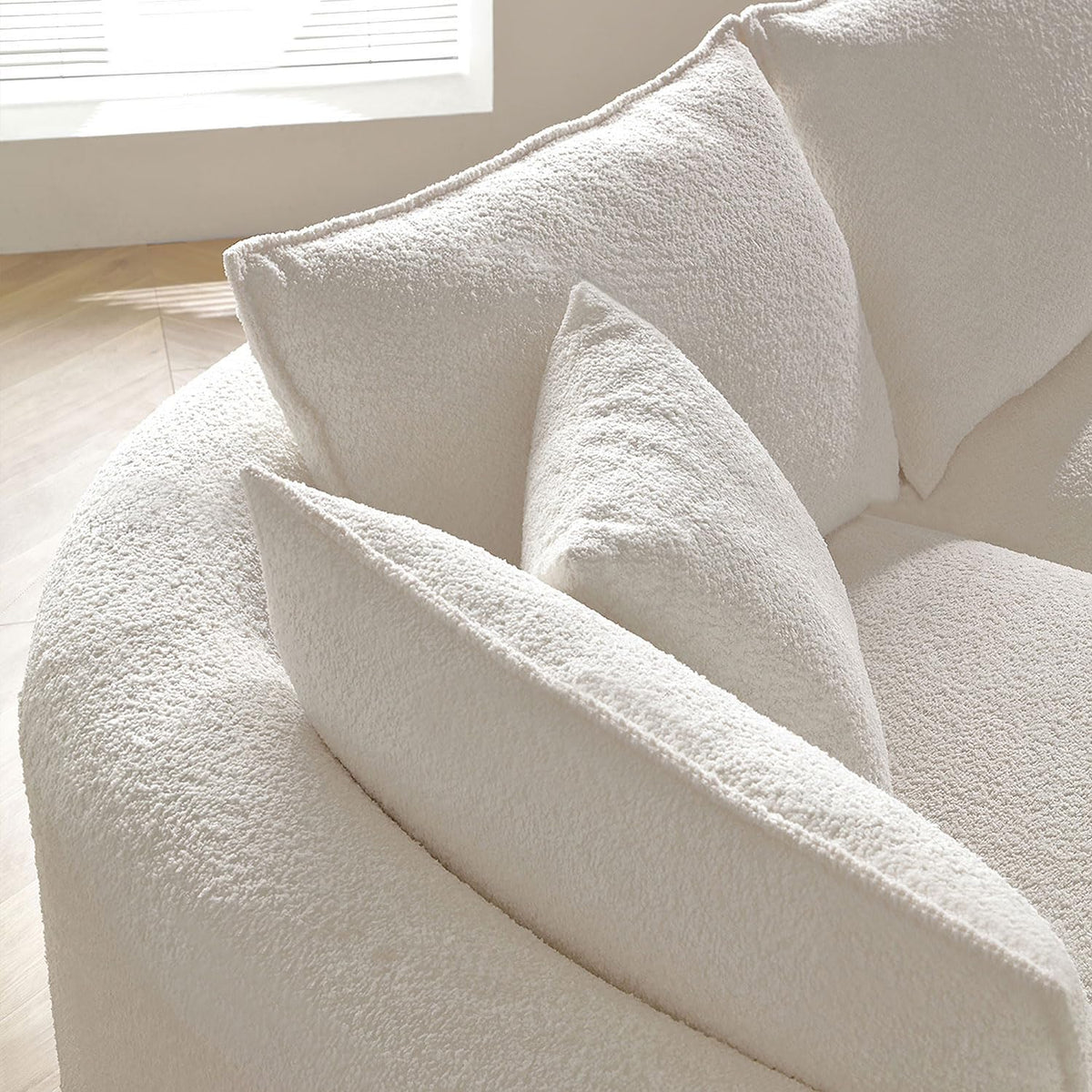 WILLIAMSPACE 124.8" Boucle Curved Sofa Couch, Modern Upholstery Cloud Sofa with Pillows, Left Hand Facing Sectional Boucle Fabric Couch for Living Room (Left-Facing,Light Cream)